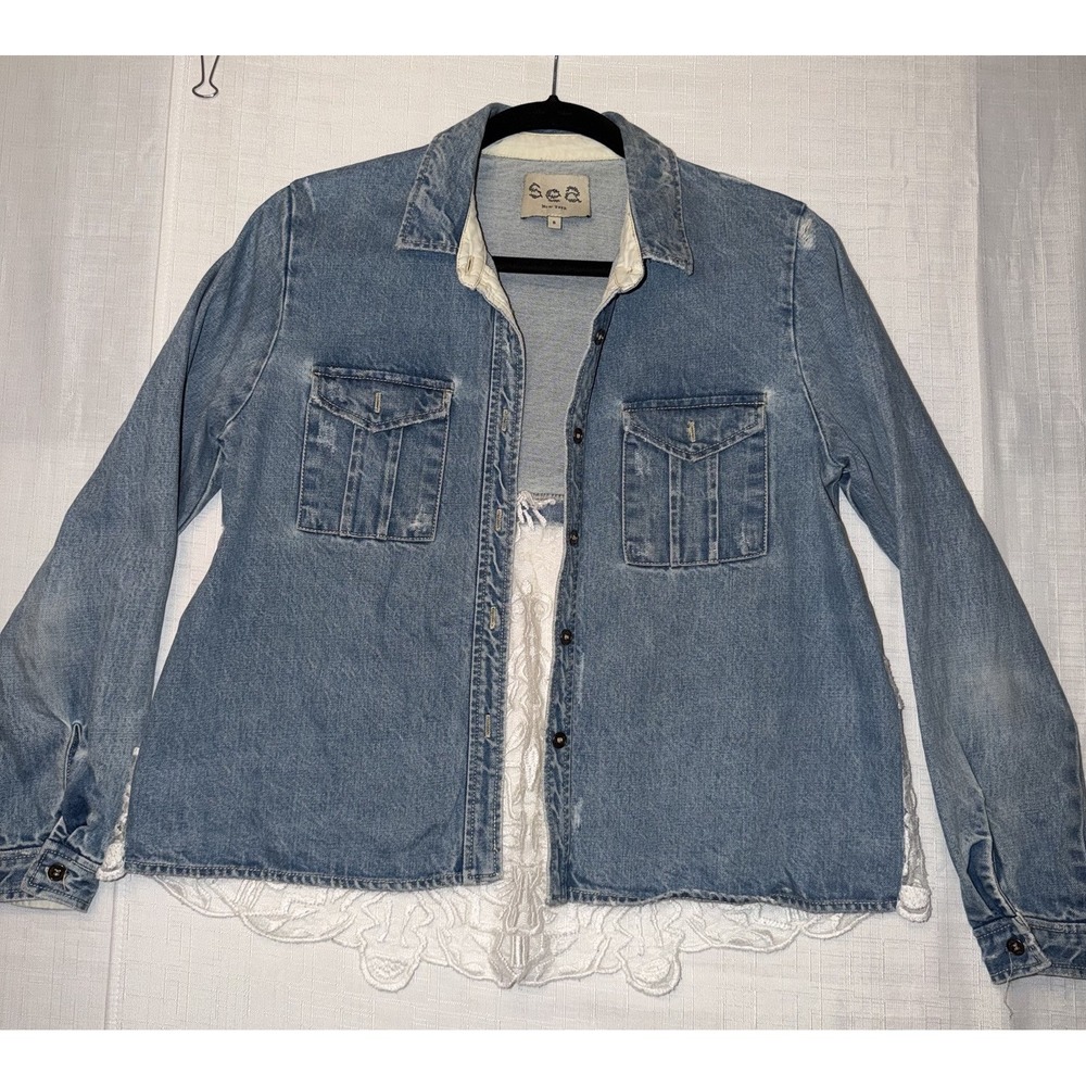 Sea New York Sz 8 Button Front Distressed Denim Jacket Shirt Lace Back Boho
